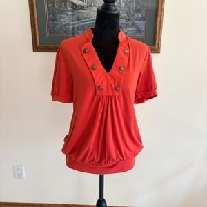 1818 Military Style Knit Top Womens XL Orange Crest Button Pleated Bubble Hem